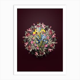 Vintage Spanish Iris Flower Wreath on Wine Red n.0046 Art Print