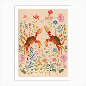 Folksy Floral Animal Drawing Crab Art Print