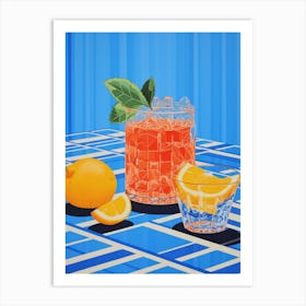 Orange Cocktail Blue Checkerboard Art Print