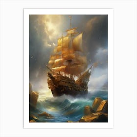 Pirate Ship In Stormy Sea Art Print