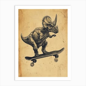 Vintage Triceratops Dinosaur On A Skateboard  3 Art Print