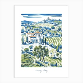 Tuscany Italy Hills Illustration Line Art Travel Blue Art Print