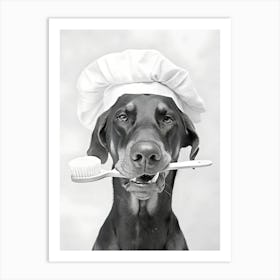 Doberman Dog Wearing A Chef S Hat, Holding A Toothbrush In Its Mouth Art Print