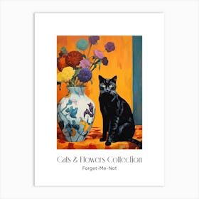 Cats & Flowers Collection Forget Me Not Flower Vase And A Cat, A Painting In The Style Of Matisse 0 Art Print