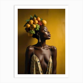 Fruitful Elegance: A Stunning Portrait of a Black Woman in a Sensational Dress and Fruit Hat Art Print