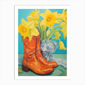 Painting Of Daffodil Flowers And Cowboy Boots, Oil Style 3 Art Print