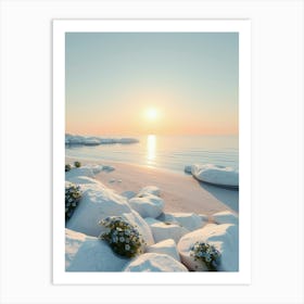 Snowy Beach With Flowers Art Print