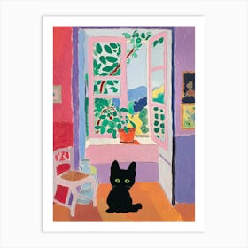 Open Window And Plants With A Black Cat Art Print