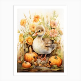 Autumnal Pumpkin Duckling Painting 3 Art Print