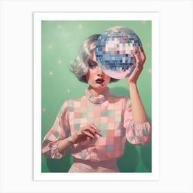 Woman With White Hair Holding A Disco Ball Art Print