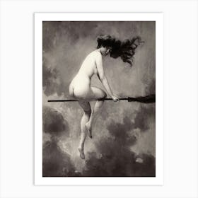 Nude Witch On A Broom, Vintage Halloween Art Art Print