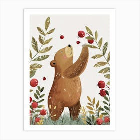 Brown Bear Standing And Reaching For Berries Storybook Illustration 1 Art Print