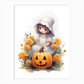 Cute Ghost With Pumpkins Halloween Watercolour 46 Art Print