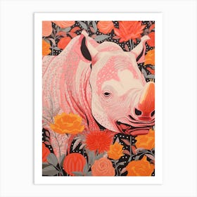 Floral Abstract Orange Linocut Inspired Rhino 1 Art Print