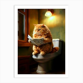 Obese Cat Reading News on Toilet Art Print