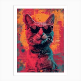 Cat In Sunglasses, Abstract Collage In Monoprint Splashed Colors Art Print