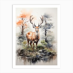 A Deer, Japanese Brush Painting, Ukiyo E, Minimal 2 Art Print