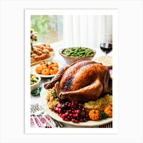 An Inviting Traditional Thanksgiving Feast Is Spread Out Highlighting A Tenderly Roasted Turkey Wit Art Print