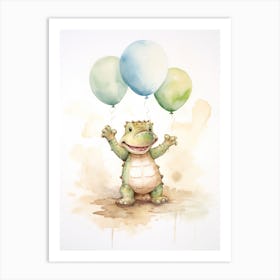 Baby Crocodile Flying With Ballons, Watercolour Nursery Art 2 Art Print