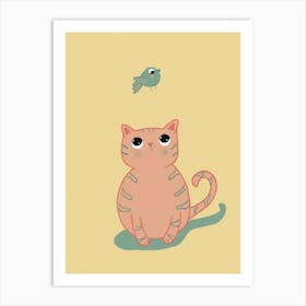 Soft Colors Cat And Bird Art Print