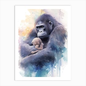 Baby And Mama Gorilla Art Watercolour Nursery 4 Art Print