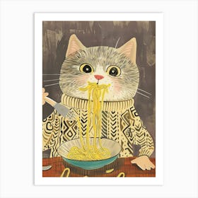 Grey White Cat Eating Pasta Folk Illustration 4 Art Print