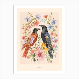 Folksy Floral Animal Drawing Raven Poster Art Print