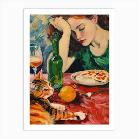 Portrait Of A Woman With Cats Eating Pizza 2 Art Print