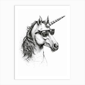 Unicorn In Sunglasses Black & White Illustration 2 Art Print