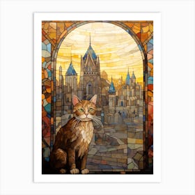 Stained Glass Of Cat In Front Of Medieval City Skyline Art Print
