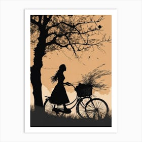 Silhouette Of A Girl Riding A Bicycle Art Print