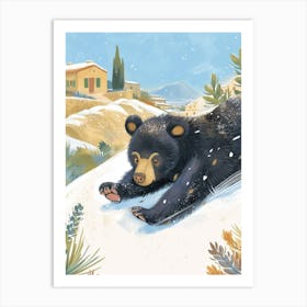 American Black Bear Cub Sliding Down A Snowy Hill Storybook Illustration 2 Art Print