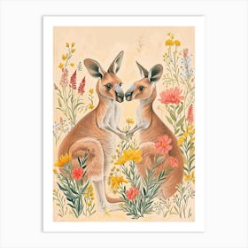 Folksy Floral Animal Drawing Kangaroo Art Print