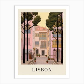 Lisbon Portugal 3 Vintage Pink Travel Illustration Poster Art Print