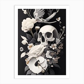 Skull With Bird Motifs Black And White Vintage Floral Art Print