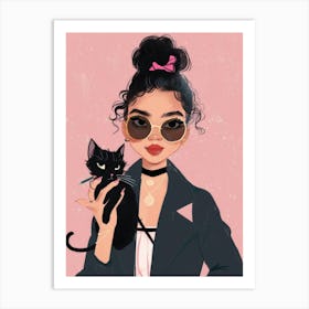 Cute Girl With Black Cat Art Print