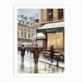 Paris cafes, winter season, Christmas, autumn oil colors, pale colors, pedestrians in the street, winter clothes, falling snow.2 1 Art Print