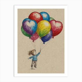 Little Girl Flying With Balloons Art Print