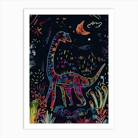 Abstract Neon Line Illustration Brachiosaurus 5 Art Print