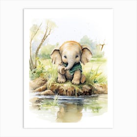 Elephant Painting Fishing Watercolour 1 Art Print