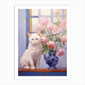 White Cat & Pink Peonies Art Print