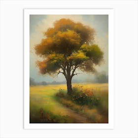 Oak tree, fine work of art, misty atmosphere, green meadow..14 Art Print