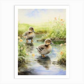 Ducklings In Lake Watercolour 2 Art Print