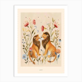 Folksy Floral Animal Drawing Lion 3 Poster Art Print