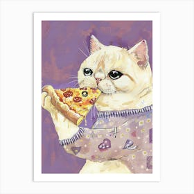 White Cat Pizza Lover Folk Illustration 2 Art Print