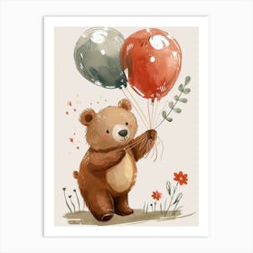 Brown Bear Holding Balloons Storybook Illustration 2 Art Print