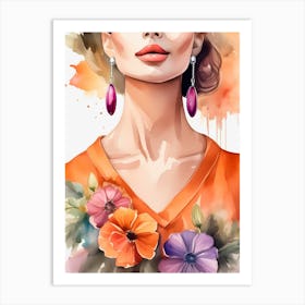 Watercolor Of A Woman With Flowers Art Print