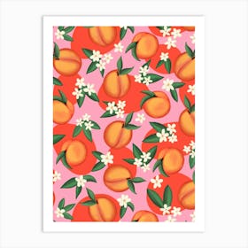 Juicy Retro Apricots with White Blossoms Bright Pink and Orange Summer Fruit Floral Art Print