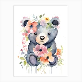 Watercolor Bear With Flowers Art Print