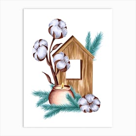 Wooden House with Cotton, Candle and Teal Pine Branches Art Print